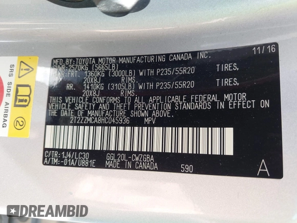 2017 Lexus RX 350 with VIN 2T2ZZMCA8HC045936, listed as a IAAI auction lot 42144873 with 87,147 mi miles and . Bid and sale history available at DreamBid. Image 9.