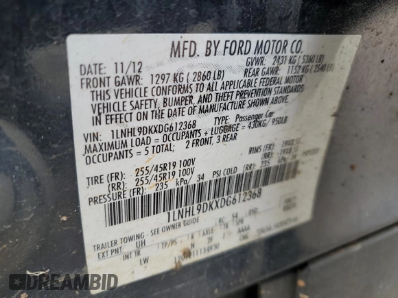2013 Lincoln MKS z VIN 1LNHL9DKXDG612368, wystawiony jako Copart lot #48328215 z przebiegiem 108 788 mil mil oraz Szkoda całkowita • Salvage title. Historia ofert i sprzedaży dostępna na DreamBid. Obrazek 15.