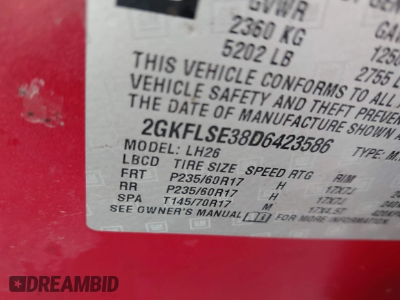 2013 GMC Terrain SLE with VIN 2GKFLSE38D6423586, listed as a IAAI auction lot 41013444 with 189,690 mi miles and . Bid and sale history available at DreamBid. Image 9.