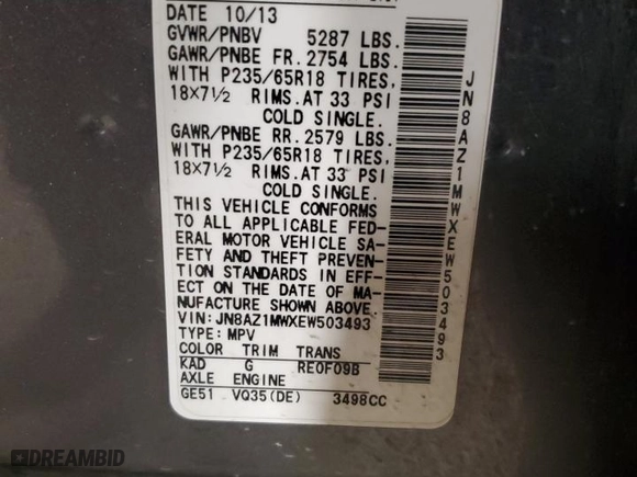 2014 Nissan Murano SL with VIN JN8AZ1MWXEW503493, listed as a Copart auction lot 85761074 with 114,479 mi miles and Salvage Title. Bid and sale history available at carsss.com. Image 15.