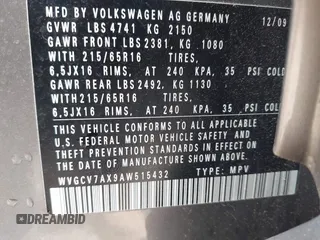 2010 Volkswagen Tiguan with VIN WVGCV7AX9AW515432, listed as a IAAI auction lot 42105962 with 91,405 mi miles and . Bid and sale history available at DreamBid. Image 9.