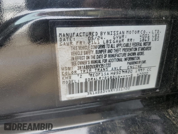 2024 Nissan Sentra SR with VIN 3N1AB8DVXRY351720, listed as a Copart auction lot 58720845 with 6,166 mi miles and Salvage title. Bid and sale history available at DreamBid. Image 12.
