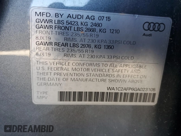 2016 Audi Q5 Premium with VIN WA1C2AFP6GA023105, listed as a Copart auction lot 49423825 with 90,637 mi miles and Salvage Title. Bid and sale history available at carsss.com. Image 13.