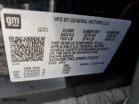 2022 Chevrolet Tahoe High Country with VIN 1GNSKTKL2NR173072, listed as a Copart auction lot 84942094 with 29,592 mi miles and Salvage Title. Bid and sale history available at carsss.com. Image 13.
