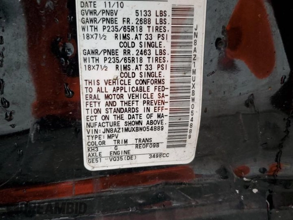 2011 Nissan Murano LE with VIN JN8AZ1MUXBW054889, listed as a Copart auction lot 47469605 with 227,909 mi miles and Salvage Title. Bid and sale history available at DreamBid. Image 13.