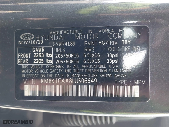 2020 Hyundai Kona SE with VIN KM8K1CAA8LU506649, listed as a IAAI auction lot 41811280 with 90,486 mi miles. Bid and sale history available at carsss.com. Image 9.
