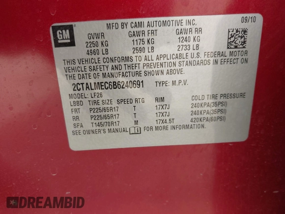 2011 GMC Terrain SLE-1 z VIN 2CTALMEC6B6240691, wystawiony jako IAAI lot #41940249 z przebiegiem Nie podano mil oraz . Historia ofert i sprzedaży dostępna na DreamBid. Obrazek 9.