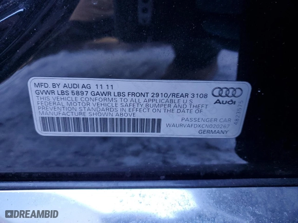 2012 Audi A8 L with VIN WAURVAFDXCN020267, listed as a Copart auction lot 42223015 with 0 mi miles and Salvage Title. Bid and sale history available at carsss.com. Image 12.