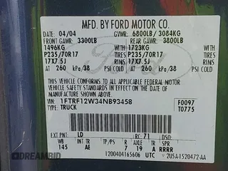 2004 Ford F-150 XL с VIN 1FTRF12W34NB93458, выставлен на аукционе IAAI как лот 42444124 с пробегом 154 946 миль миль и . История ставок и продаж доступна на DreamBid. Изображение 9.