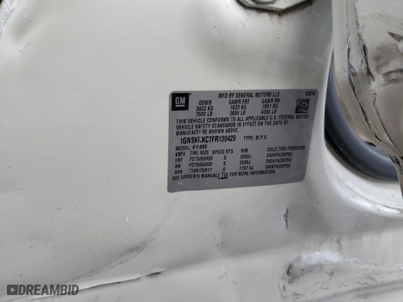 2015 Chevrolet Suburban LTZ with VIN 1GNSKKKC7FR139429, listed as a Copart auction lot 45329105 with NaN miles and Clean Title. Bid and sale history available at carsss.com. Image 13.