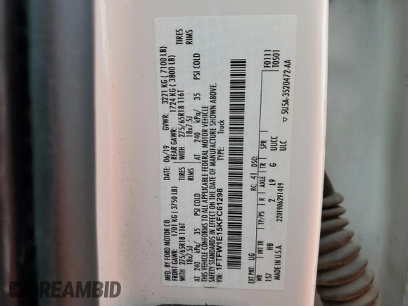 2019 Ford F-150 XL with VIN 1FTFW1E15KFC61298, listed as a Copart auction lot 50337045 with 238,240 mi miles and Salvage title. Bid and sale history available at DreamBid. Image 13.