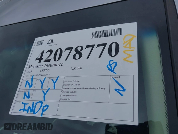 2019 Lexus NX 300 с VIN JTJYARBZ9K2158017, выставлен на аукционе IAAI как лот 42078770 с пробегом Не указан миль и . История ставок и продаж доступна на DreamBid. Изображение 19.