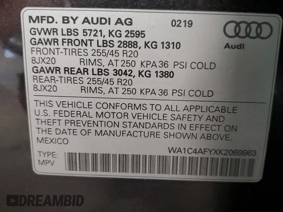 2019 Audi SQ5 Prestige with VIN WA1C4AFYXK2069963, listed as a Copart auction lot 55165124 with 50,558 mi miles and Salvage Title. Bid and sale history available at DreamBid. Image 13.