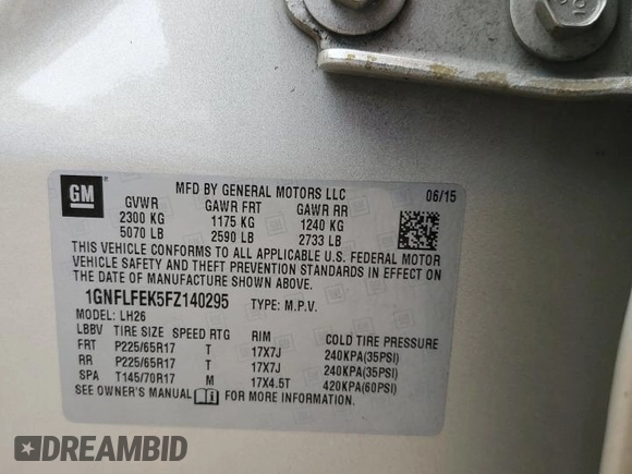 2015 Chevrolet Equinox LT z VIN 1GNFLFEK5FZ140295, wystawiony jako Copart lot #83764554 z przebiegiem 120 076 mil mil oraz Szkoda całkowita • Salvage title. Historia ofert i sprzedaży dostępna na DreamBid. Obrazek 13.