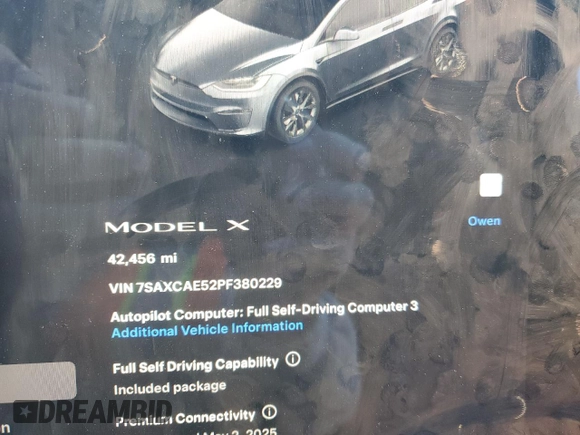2023 Tesla Model X with VIN 7SAXCAE52PF380229, listed as a Copart auction lot 53535065 with 42,456 mi miles and Salvage Title. Bid and sale history available at DreamBid. Image 9.