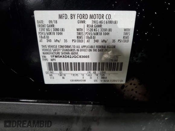 2018 Ford Explorer XLT with VIN 1FM5K8D82JGC83665, listed as a Copart auction lot 48031515 with 83,980 mi miles and Salvage Title. Bid and sale history available at DreamBid. Image 14.