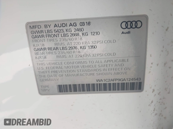 2016 Audi Q5 Premium with VIN WA1C2AFP9GA124543, listed as a IAAI auction lot 42230182 with 80,722 mi miles and . Bid and sale history available at DreamBid. Image 9.