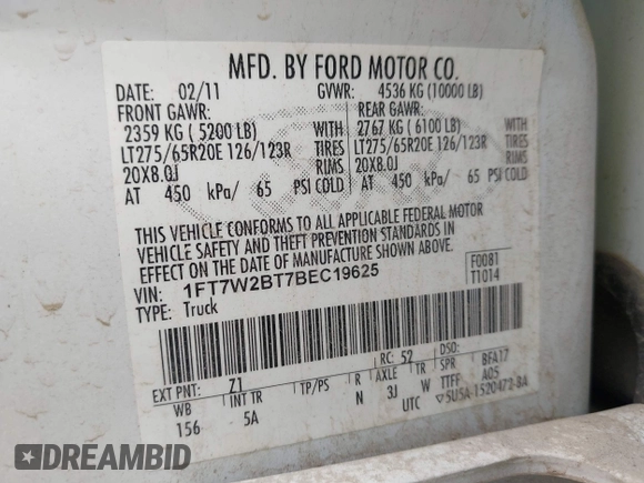 2011 Ford F-250 XL с VIN 1FT7W2BT7BEC19625, выставлен на аукционе IAAI как лот 42616322 с пробегом 357 330 миль миль и . История ставок и продаж доступна на DreamBid. Изображение 9.