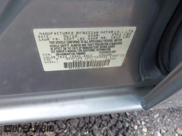 2010 Nissan Sentra SR with VIN 3N1AB6AP7AL709383, listed as a IAAI auction lot 41988755 with Not Provided miles and . Bid and sale history available at DreamBid. Image 9.