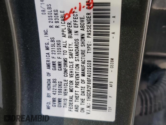 2015 Honda Accord EX-L с VIN 1HGCR2F86FA005509, выставлен на аукционе Copart как лот 63659515 с пробегом 139 745 миль миль и Списание • Salvage title. История ставок и продаж доступна на DreamBid. Изображение 12.