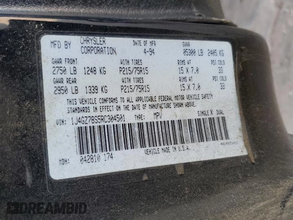 1994 Jeep Grand Cherokee Limited with VIN 1J4GZ78S5RC304501, listed as a Copart auction lot 64632335 with 184,333 mi miles and Salvage title. Bid and sale history available at DreamBid. Image 13.