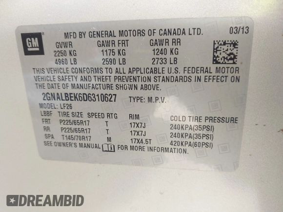 2013 Chevrolet Equinox LS with VIN 2GNALBEK6D6310627, listed as a IAAI auction lot 42118924 with 188,772 mi miles. Bid and sale history available at carsss.com. Image 9.