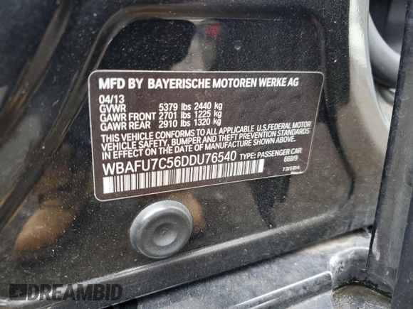 2013 BMW 5 Series 535i xDrive with VIN WBAFU7C56DDU76540, listed as a Copart auction lot 63778835 with Not provided miles and Salvage title. Bid and sale history available at DreamBid. Image 12.