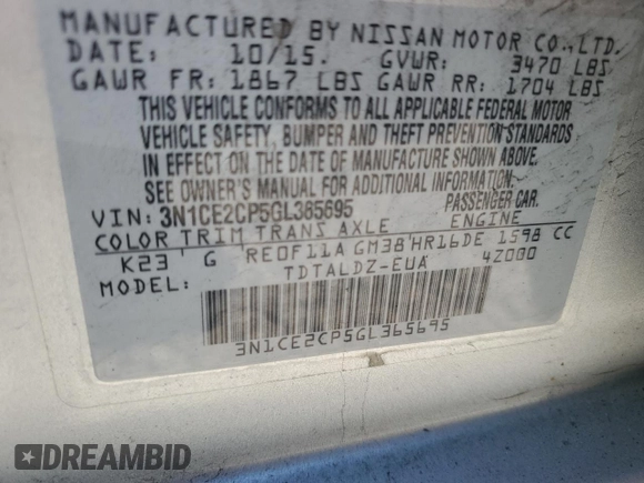 2016 Nissan Note SR with VIN 3N1CE2CP5GL365695, listed as a Copart auction lot 58968705 with 161,166 mi miles and Clean title. Bid and sale history available at DreamBid. Image 12.