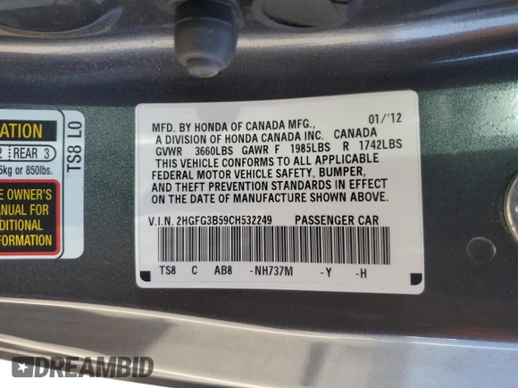 2012 Honda Civic Cpe LX with VIN 2HGFG3B59CH532249, listed as a Copart auction lot 65848414 with 80,214 mi miles and Salvage Title. Bid and sale history available at carsss.com. Image 13.