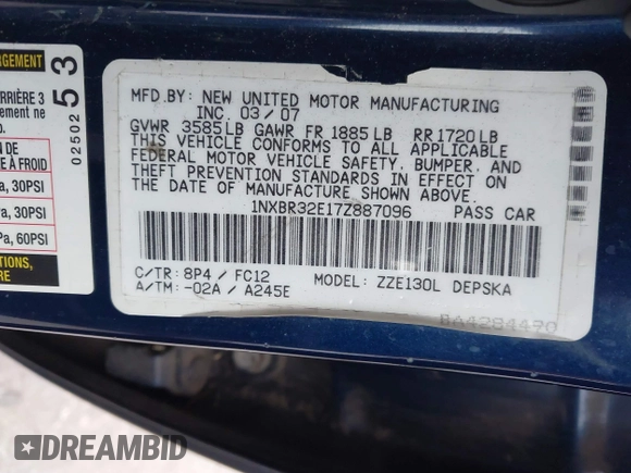 2007 Toyota Corolla CE with VIN 1NXBR32E17Z887096, listed as a IAAI auction lot 42030830 with 128,093 mi miles and . Bid and sale history available at DreamBid. Image 9.