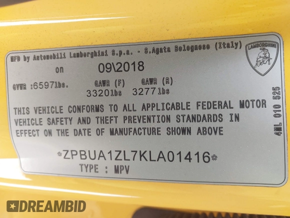 2019 Lamborghini Urus z VIN ZPBUA1ZL7KLA01416, wystawiony jako IAAI lot #41680325 z przebiegiem 72 817 mil mil oraz . Historia ofert i sprzedaży dostępna na DreamBid. Obrazek 9.