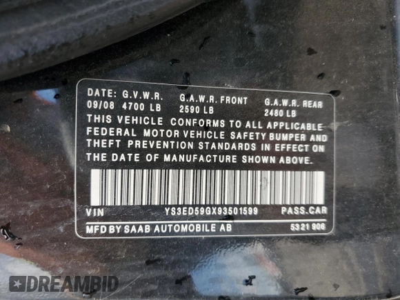 2009 Saab 9-5 with VIN YS3ED59GX93501599, listed as a Copart auction lot 66420834 with 187,953 mi miles and Salvage Title. Bid and sale history available at carsss.com. Image 12.