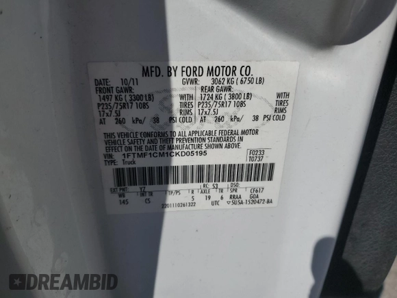 2012 Ford F-150 XL with VIN 1FTMF1CM1CKD05195, listed as a Copart auction lot 54795915 with Not provided miles and Clean title. Bid and sale history available at DreamBid. Image 12.