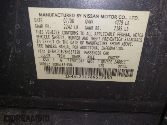 2008 Nissan Altima 2.5 SL with VIN 1N4AL21E78N557350, listed as a IAAI auction lot 41751997 with 215,078 mi miles. Bid and sale history available at carsss.com. Image 9.