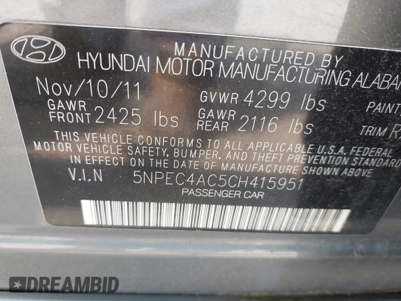 2012 Hyundai Sonata SE z VIN 5NPEC4AC5CH415951, wystawiony jako IAAI lot #42416363 z przebiegiem 205 744 mil mil oraz . Historia ofert i sprzedaży dostępna na DreamBid. Obrazek 9.