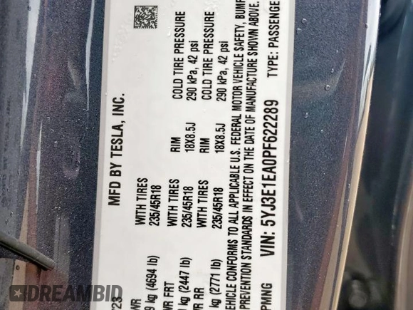 2023 Tesla Model 3 z VIN 5YJ3E1EA0PF622289, wystawiony jako Copart lot #60626335 z przebiegiem 34 158 mil mil oraz Szkoda całkowita • Salvage title. Historia ofert i sprzedaży dostępna na DreamBid. Obrazek 13.