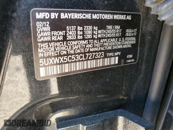 2012 BMW X3 28i with VIN 5UXWX5C53CL727323, listed as a Copart auction lot 53042285 with 198,070 mi miles and Salvage Title. Bid and sale history available at DreamBid. Image 13.