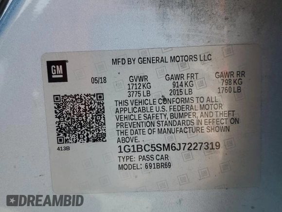 2018 Chevrolet Cruze LS with VIN 1G1BC5SM6J7227319, listed as a Copart auction lot 55156295 with 93,170 mi miles and Salvage Title. Bid and sale history available at DreamBid. Image 12.