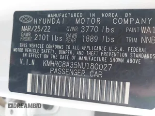 2022 Hyundai Venue SEL with VIN KMHRC8A35NU180027, listed as a IAAI auction lot 41921088 with 69,220 mi miles and . Bid and sale history available at DreamBid. Image 9.