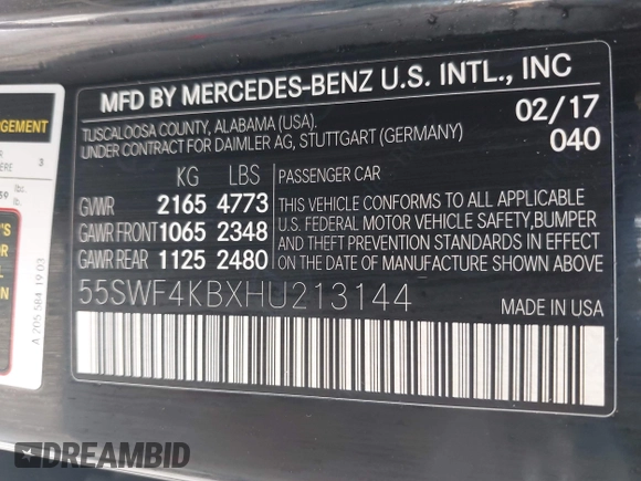 2017 Mercedes-Benz C 300 with VIN 55SWF4KBXHU213144, listed as a IAAI auction lot 42297587 with 152,694 mi miles and . Bid and sale history available at DreamBid. Image 9.