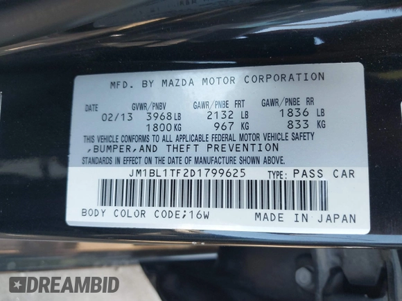 2013 Mazda 3 i SV with VIN JM1BL1TF2D1799625, listed as a IAAI auction lot 41877692 with 145,967 mi miles and . Bid and sale history available at DreamBid. Image 9.