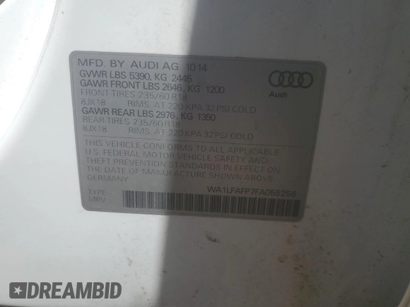 2015 Audi Q5 Premium Plus with VIN WA1LFAFP7FA055256, listed as a Copart auction lot 59611045 with 101,724 mi miles and Clean title. Bid and sale history available at DreamBid. Image 13.