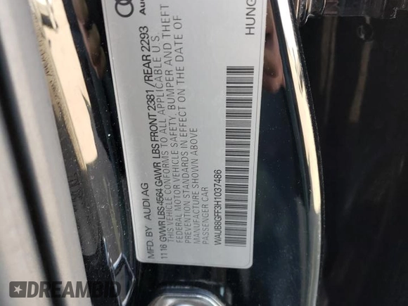 2017 Audi A3 Sedan Premium with VIN WAUB8GFF3H1037486, listed as a Copart auction lot 49623694 with 54,201 mi miles. Bid and sale history available at carsss.com. Image 13.