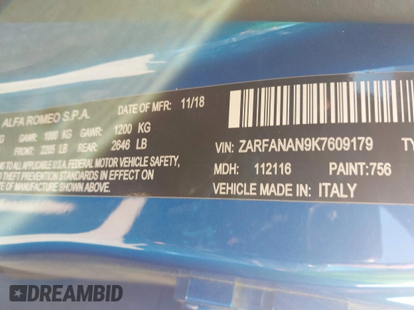 2019 Alfa Romeo Giulia with VIN ZARFANAN9K7609179, listed as a IAAI auction lot 41155716 with 21,149 mi miles. Bid and sale history available at carsss.com. Image 9.