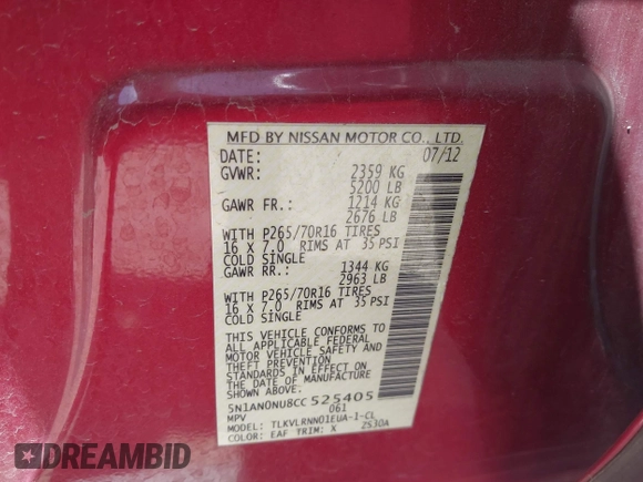 2012 Nissan Xterra X z VIN 5N1AN0NU8CC525405, wystawiony jako IAAI lot #42014722 z przebiegiem 136 866 mil mil oraz . Historia ofert i sprzedaży dostępna na DreamBid. Obrazek 9.