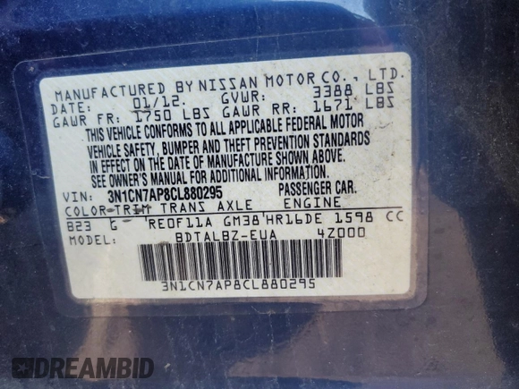 2012 Nissan Versa SV with VIN 3N1CN7AP8CL880295, listed as a Copart auction lot 46286555 with 140,207 mi miles and Salvage Title. Bid and sale history available at carsss.com. Image 12.