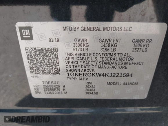 2019 Chevrolet Traverse LT Cloth with VIN 1GNERGKW4KJ221594, listed as a IAAI auction lot 40329306 with 66,052 mi miles and . Bid and sale history available at DreamBid. Image 9.