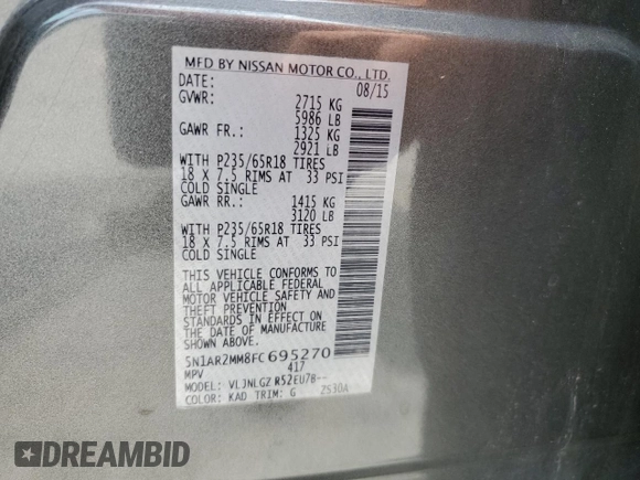 2015 Nissan Pathfinder Platinum z VIN 5N1AR2MM8FC695270, wystawiony jako Copart lot #62685795 z przebiegiem 111 998 mil mil oraz Szkoda całkowita • Salvage title. Historia ofert i sprzedaży dostępna na DreamBid. Obrazek 13.