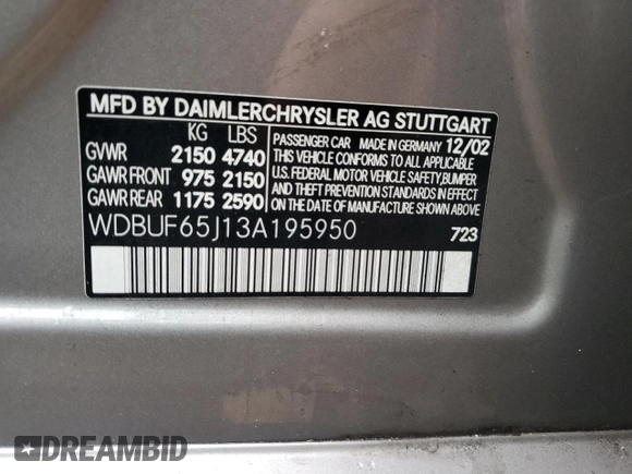 2003 Mercedes-Benz E-Class 3.2L with VIN WDBUF65J13A195950, listed as a Copart auction lot 75359844 with 0 mi miles and Non Repairable. Bid and sale history available at carsss.com. Image 13.