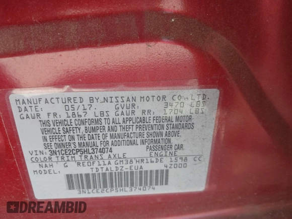2017 Nissan Note SV with VIN 3N1CE2CP5HL374074, listed as a IAAI auction lot 42024894 with 42,545 mi miles and . Bid and sale history available at DreamBid. Image 9.